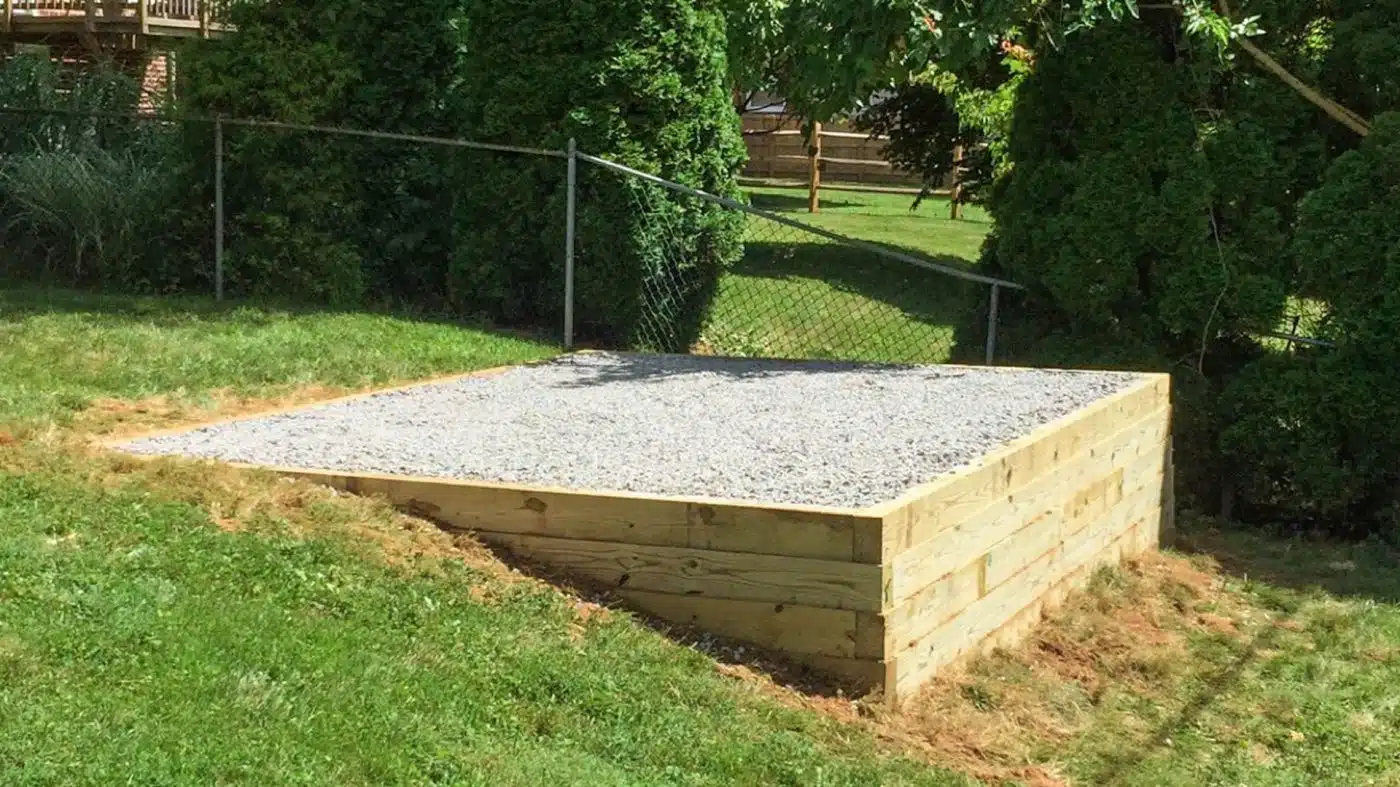 A shed foundation used to anchor a shed into gravel.