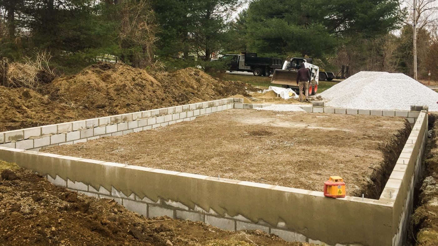 A garage or shed foundation with concrete block footers