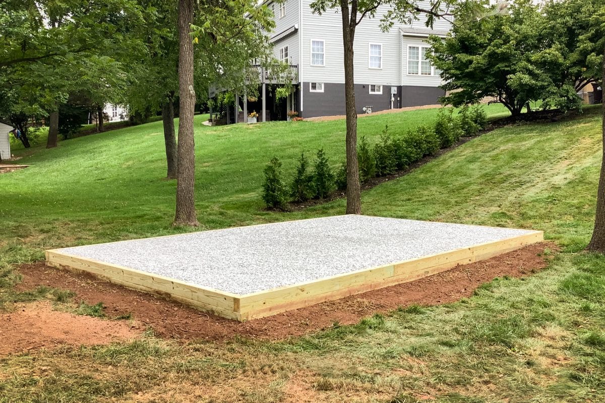 Crushed stone shed foundation installed by Site Preparations, LLC