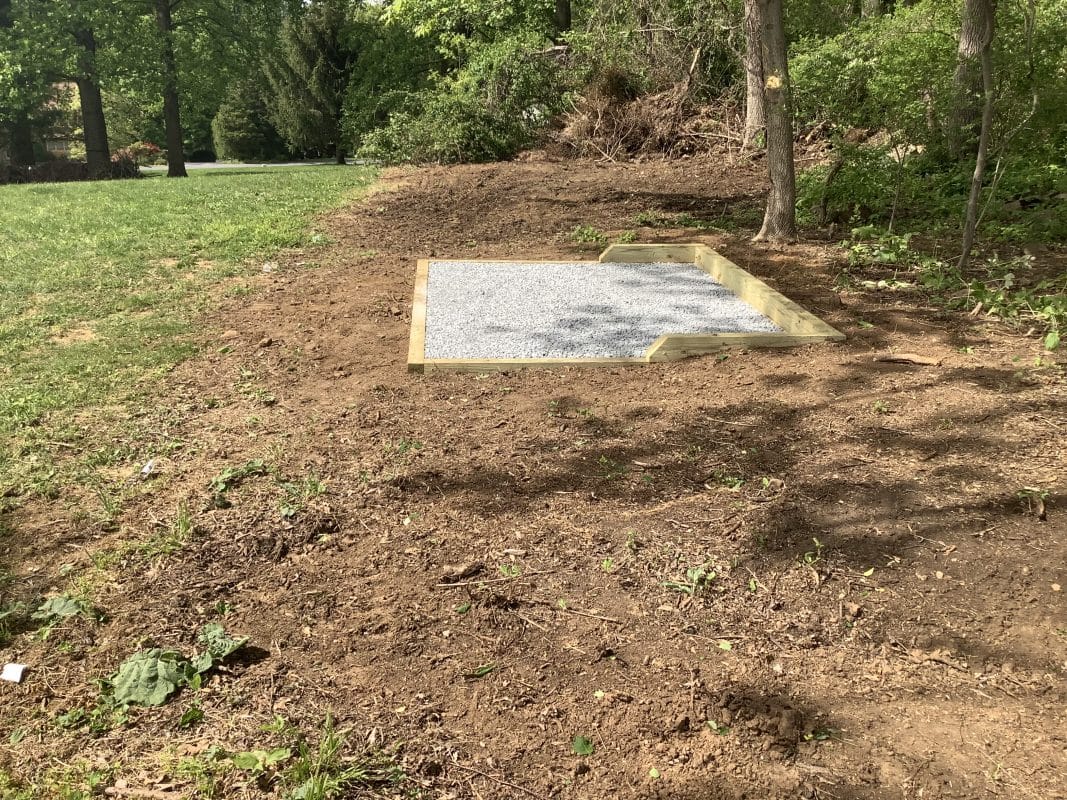 A crushed stone pad for a shed in Chester Springs, PA