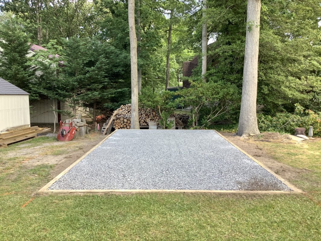 A crushed stone foundation for a shed in Ocean View, DE