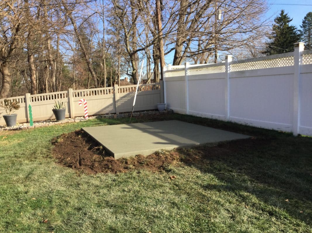 A concrete shed foundation in Springfield, PA