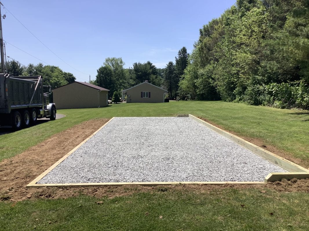A crushed stone foundation for a shed in Felton, DE