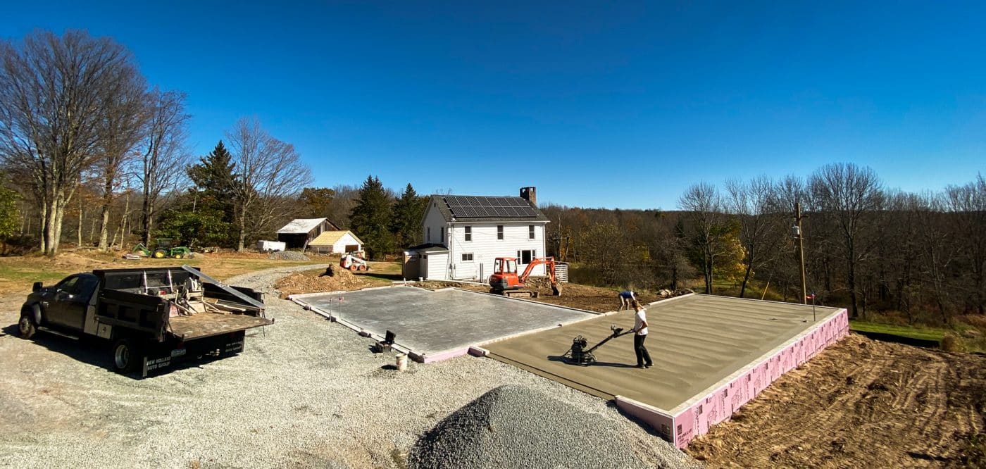 A crew building a concrete garage foundation in PA, CT, VA, MD, DE, NJ, NY, or WV